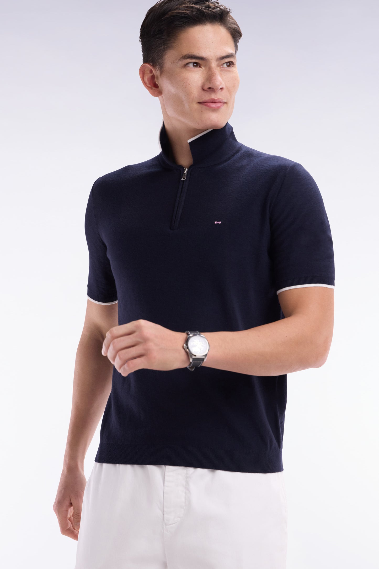 Straight-fit navy polo neck jumper in organic cotton and cashmere blend