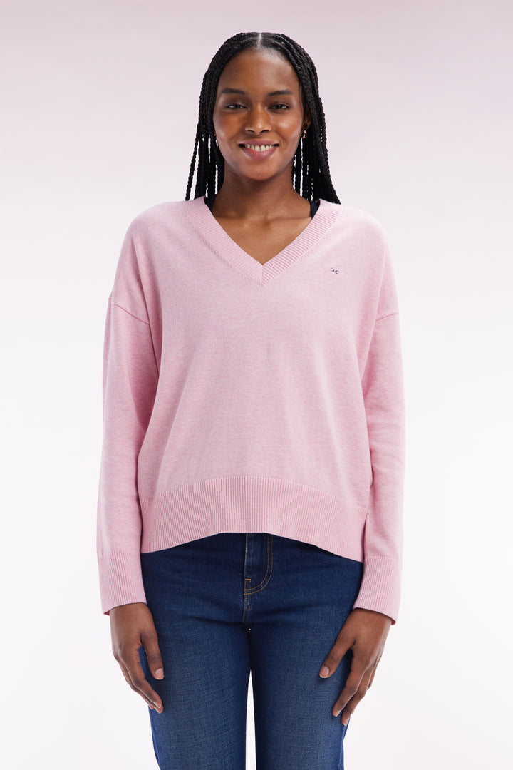 Pull col V en coton rose coupe décontractée