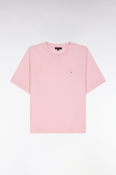 Relaxed-fit short-sleeved round-neck jumper in pink cotton-silk thin blend - Image 2