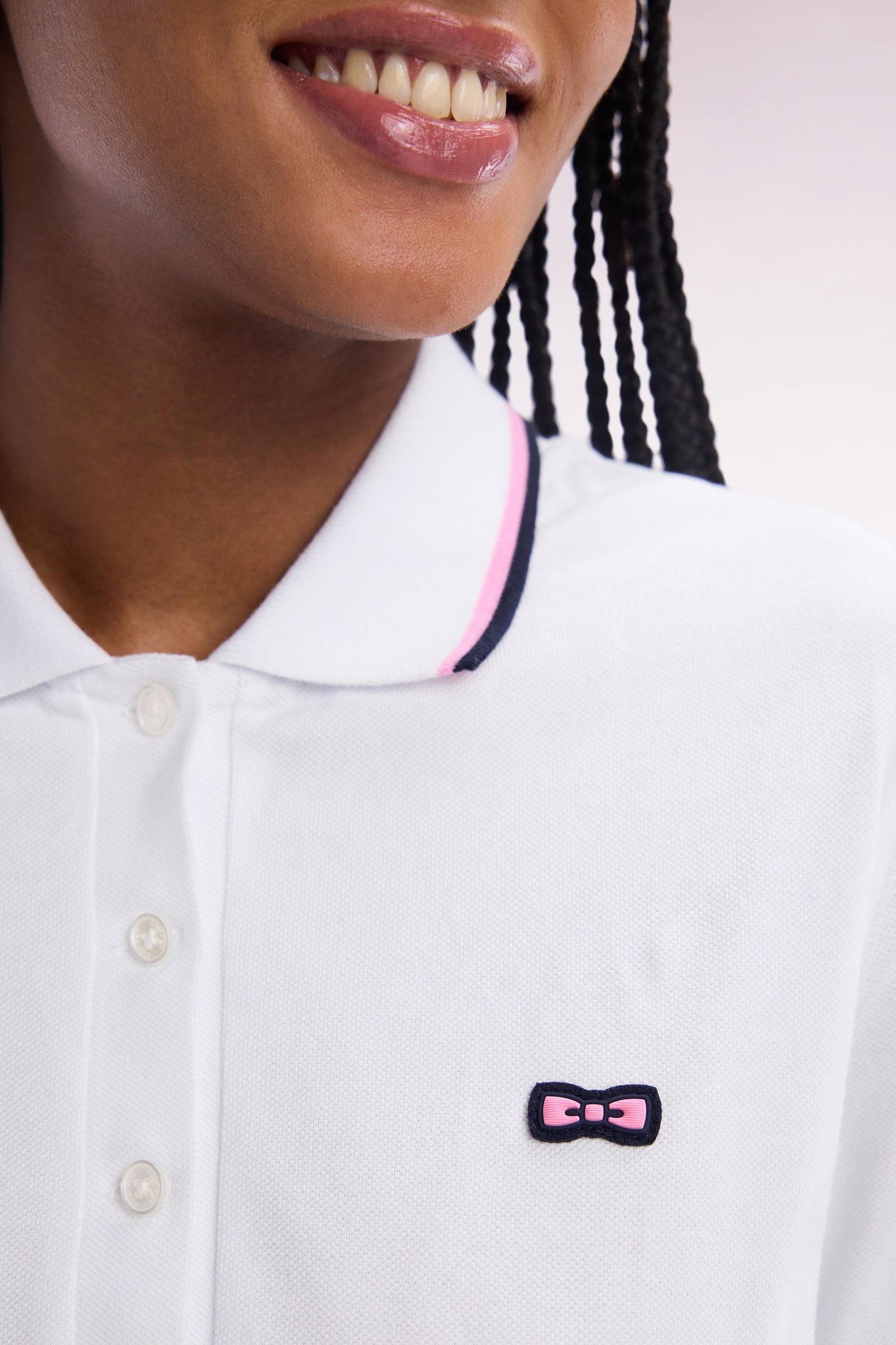 White cotton rugby shirt dress with tricolor accents