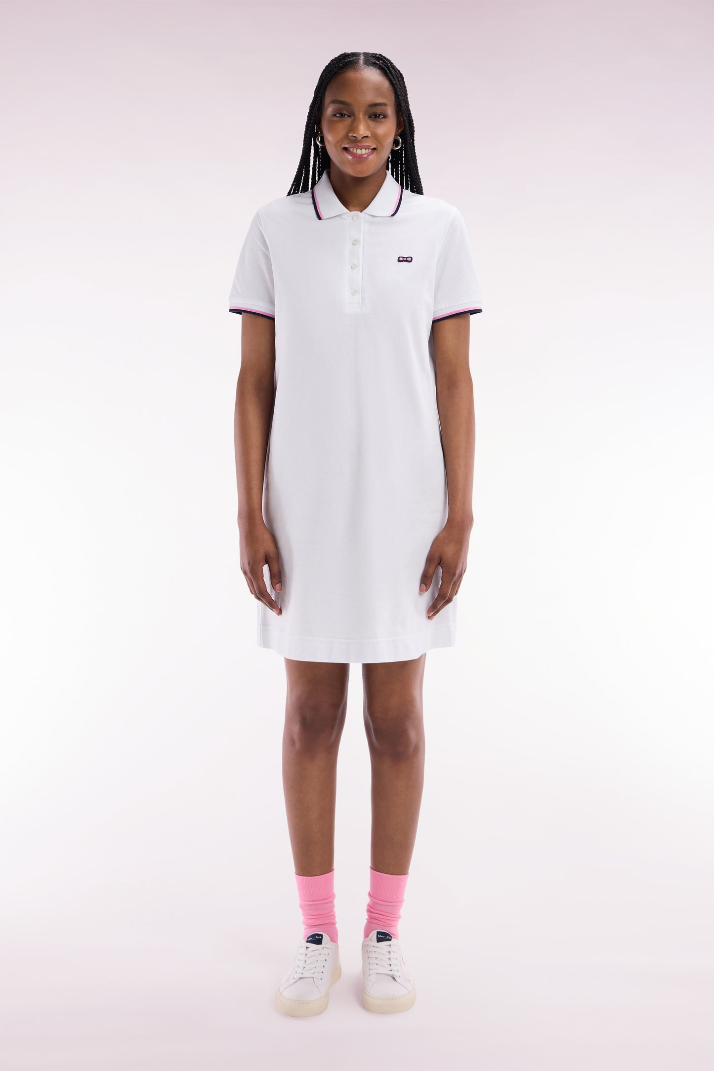 White cotton rugby shirt dress with tricolor accents