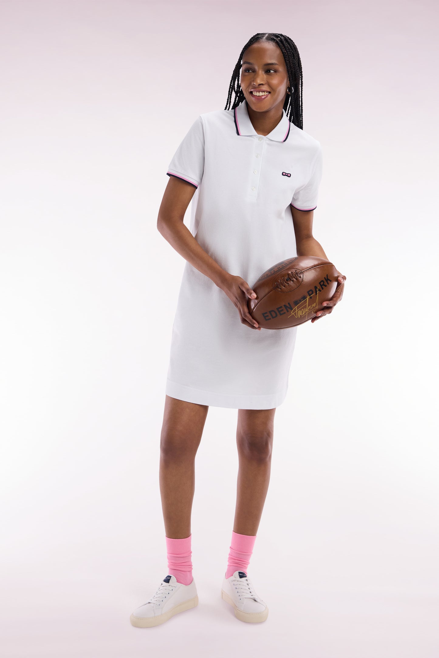 White cotton rugby shirt dress with tricolor accents