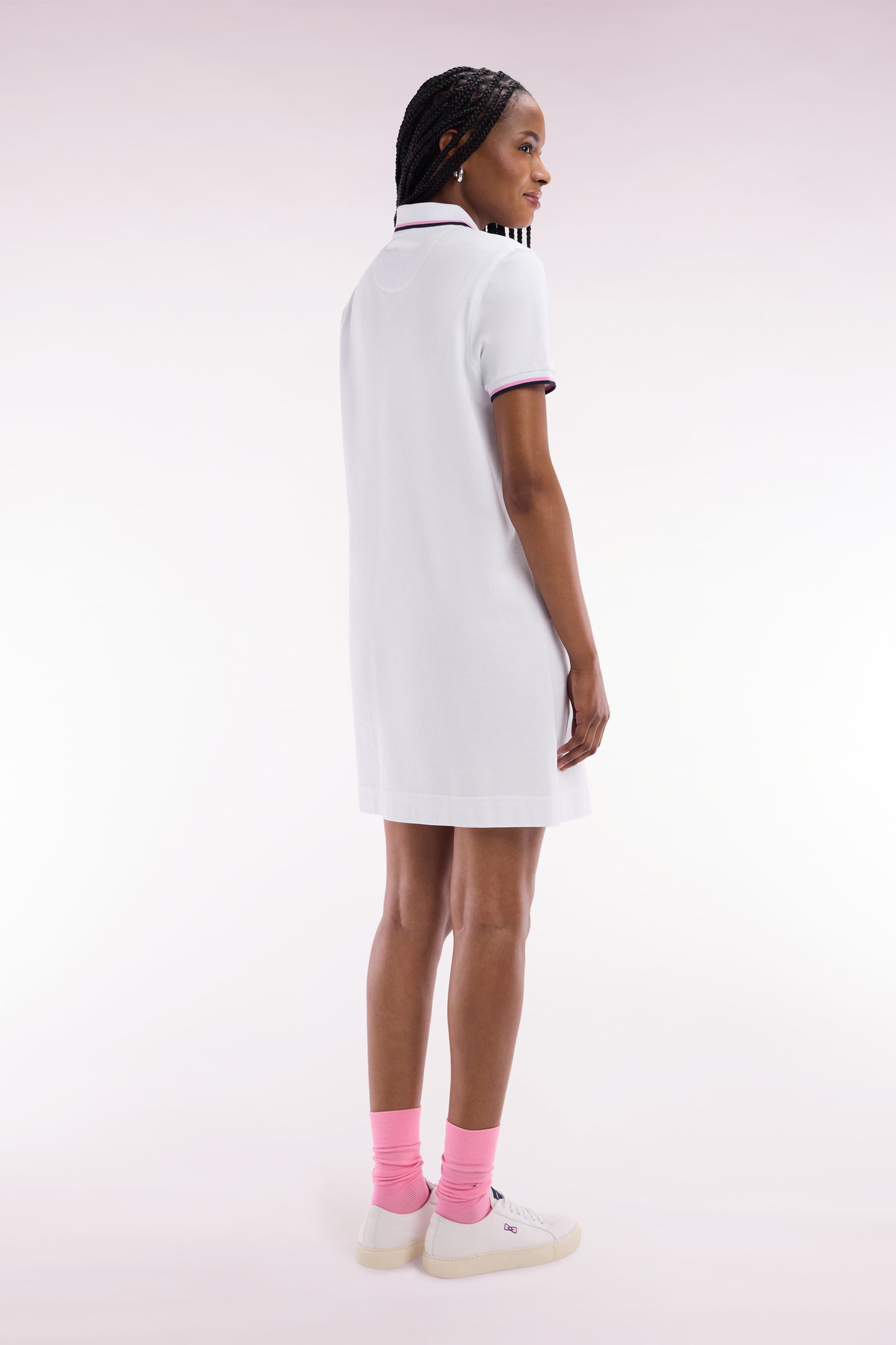 White cotton rugby shirt dress with tricolor accents