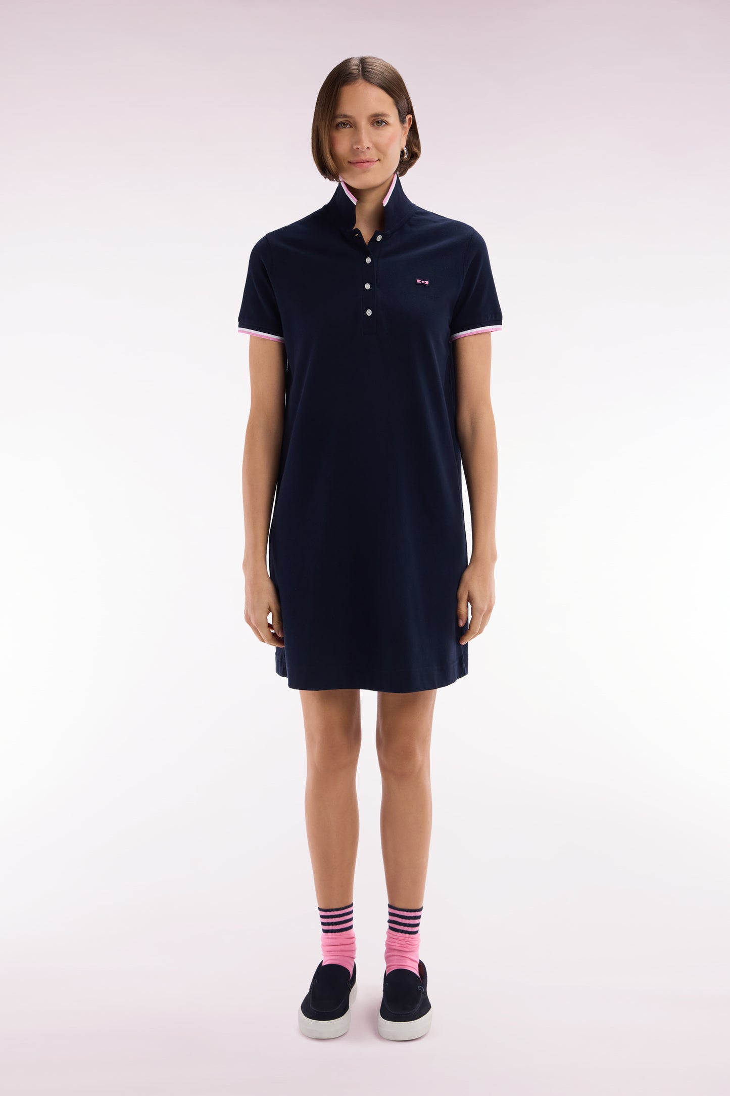Navy cotton rugby shirt dress with tricolor accents