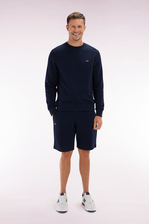 Straight-fit navy cotton fleece shorts - Image 1