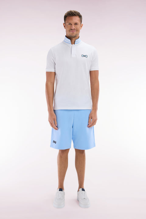 Relaxed-fit sky blue cotton fleece shorts with a striped bow tie embroidery - Image 1