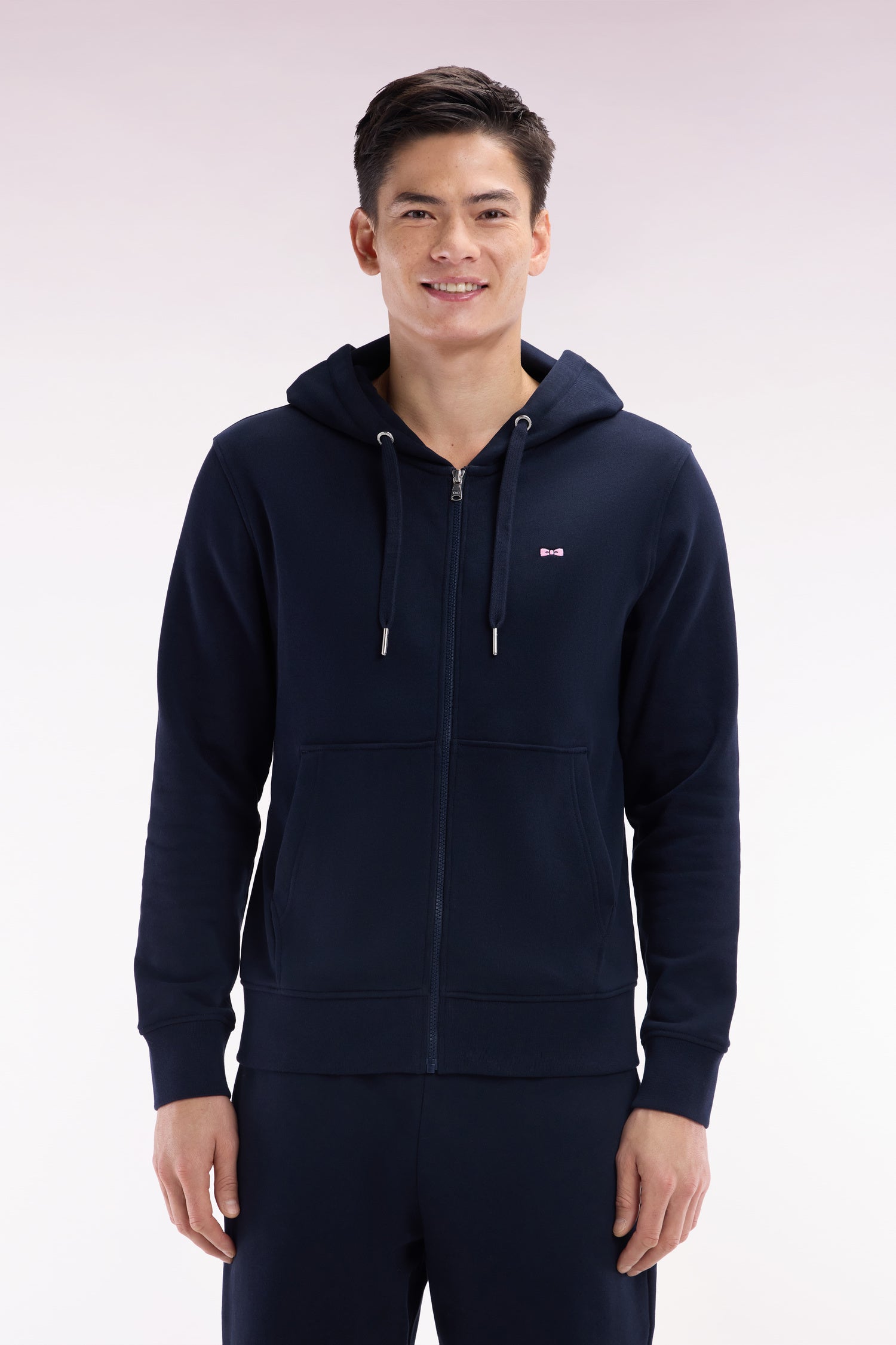 Sweatshirt zippé en molleton coton marine coupe droite