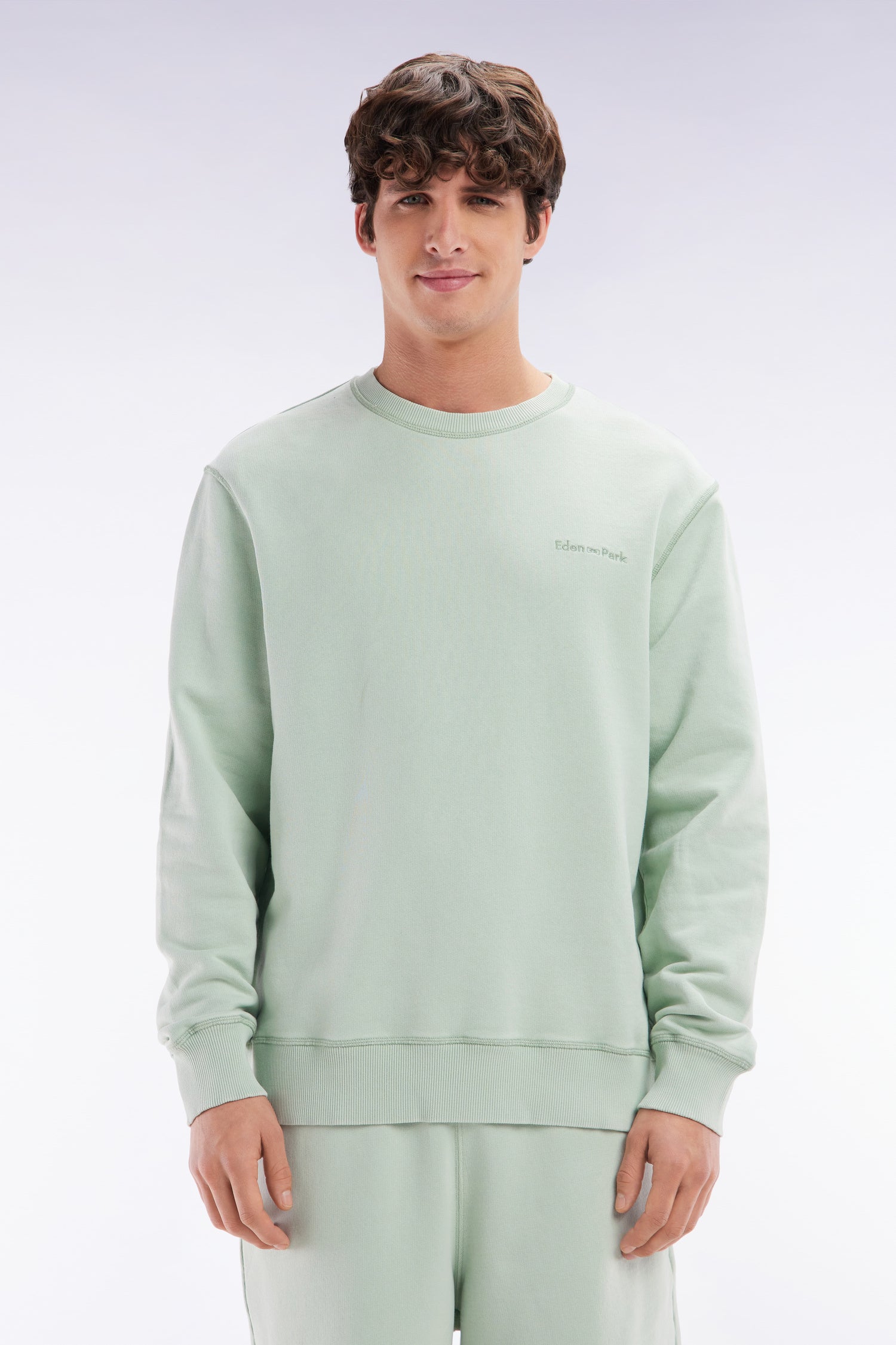 Sweatshirt surteint à col rond en molleton coton vert d'eau coupe décontractée