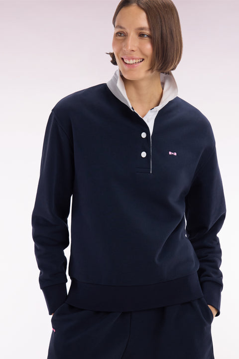 Relaxed-fit navy cotton sweatshirt with a rugby shirt collar - Image 1