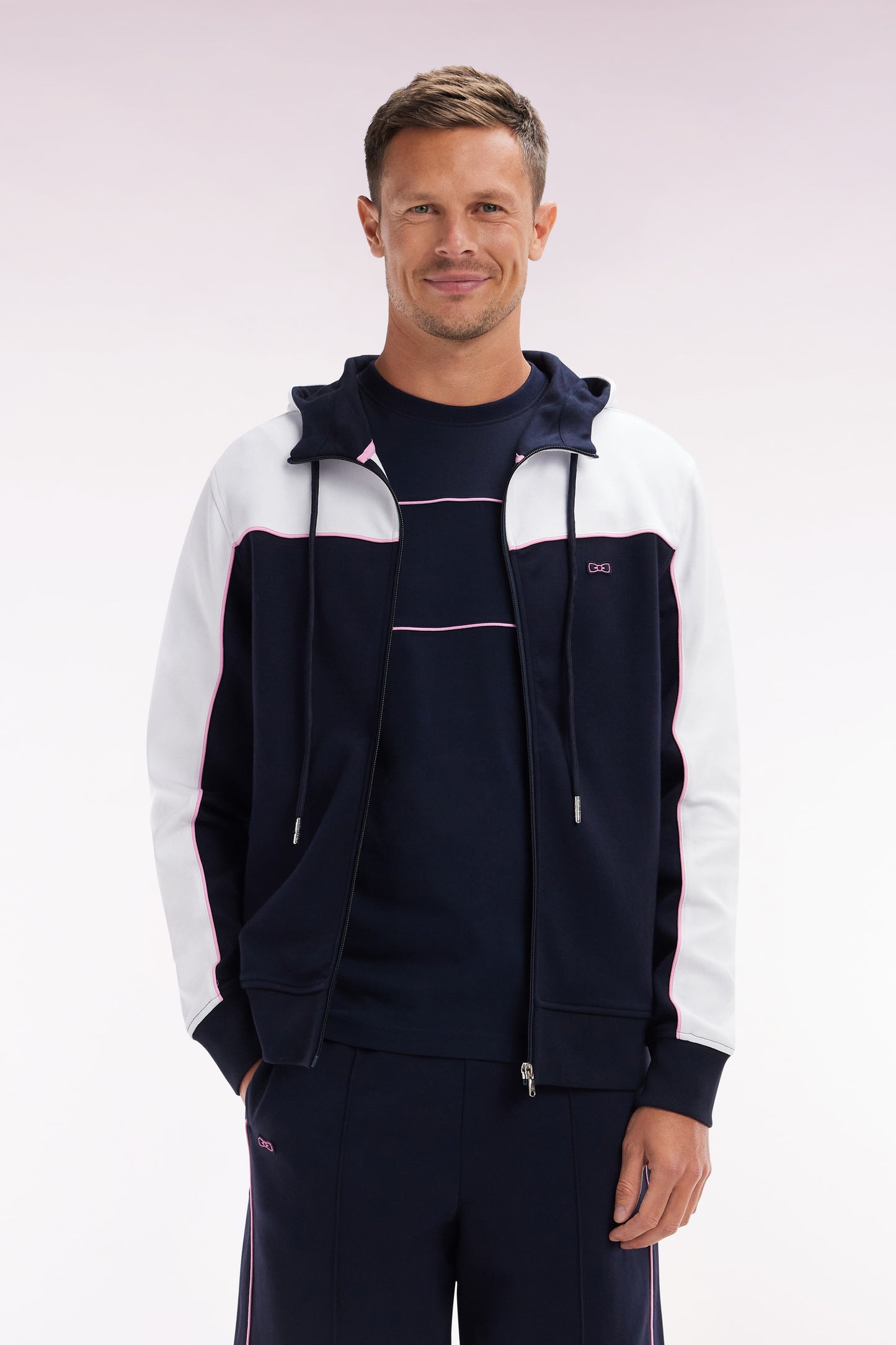 Straight-fit zip-up hooded sweatshirt in navy and white cotton