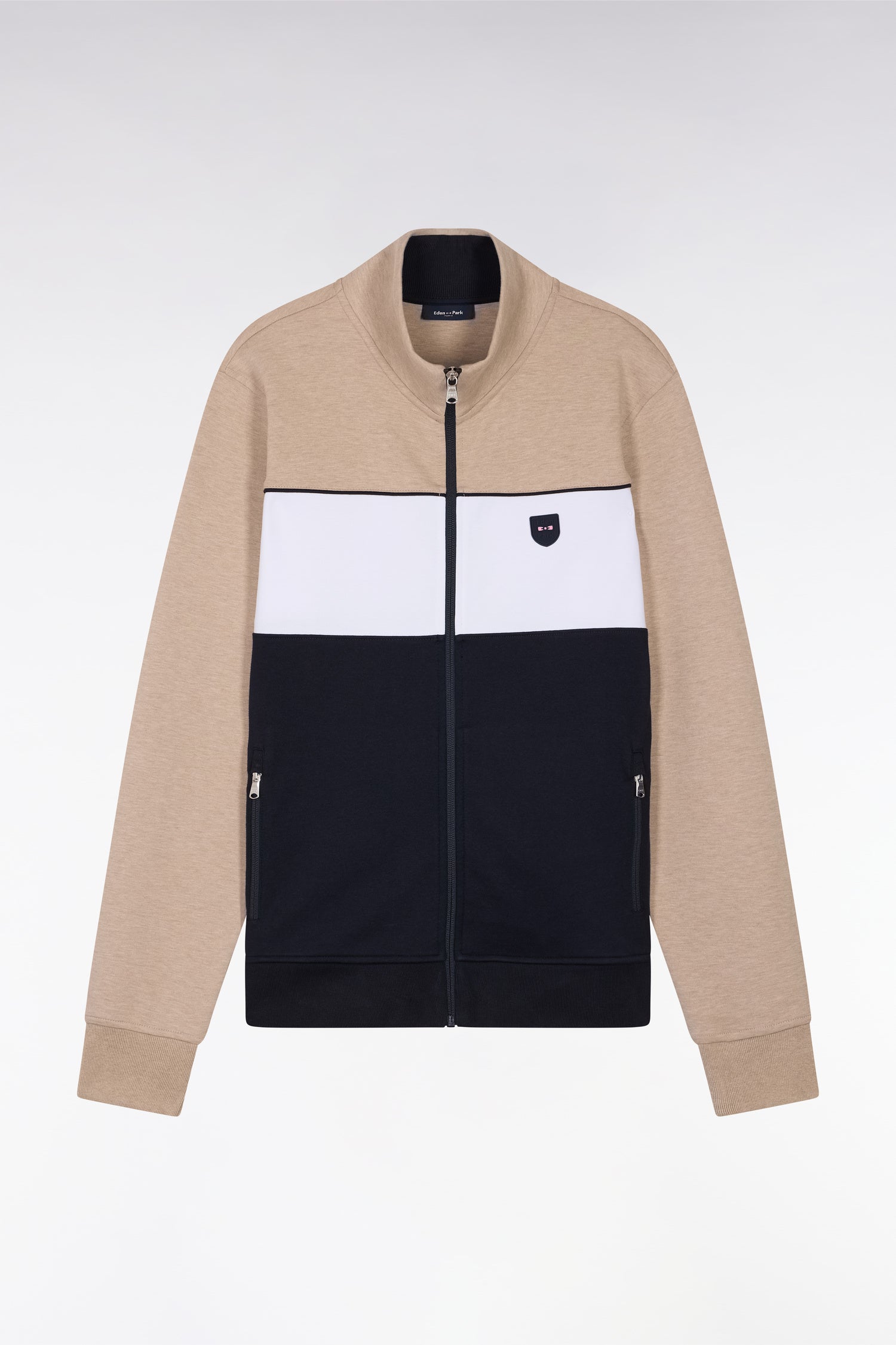 Sweatshirt zippé en coton interlock beige coupe droite