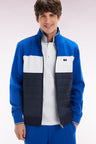 Straight-fit two-material zip-up sweatshirt in navy stretch cotton fleece with quilted facing