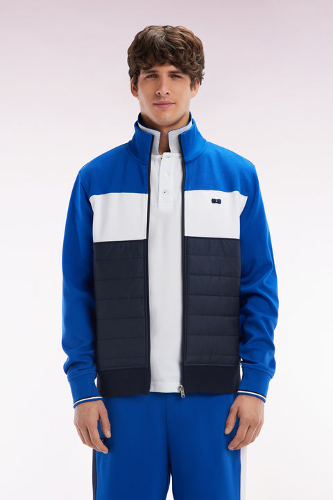 Straight-fit two-material zip-up sweatshirt in navy stretch cotton fleece with quilted facing - Image 1