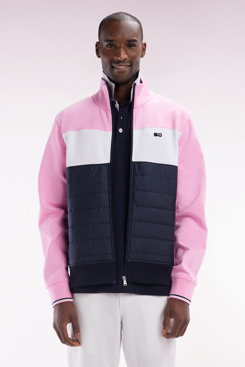 Straight-fit two-material zip-up sweatshirt in pink stretch cotton fleece with quilted facing - Image 1