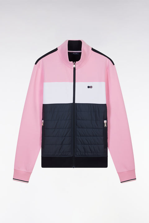 Straight-fit two-material zip-up sweatshirt in pink stretch cotton fleece with quilted facing - Image 2