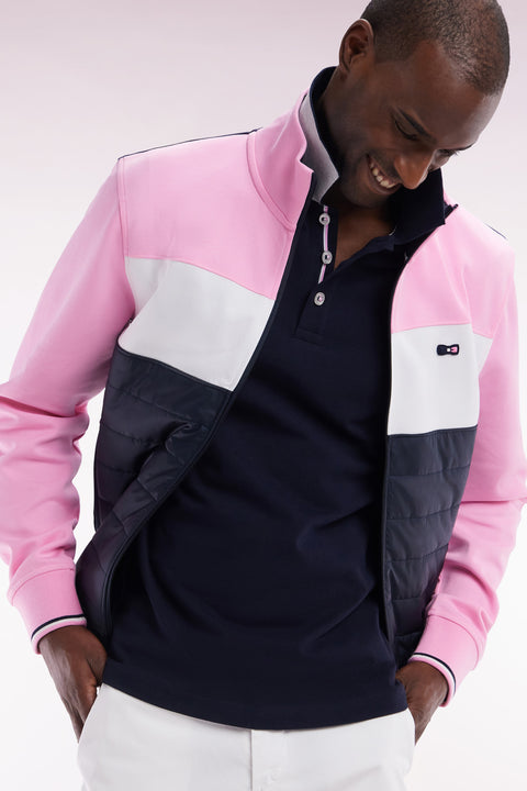 Straight-fit two-material zip-up sweatshirt in pink stretch cotton fleece with quilted facing - Image 3