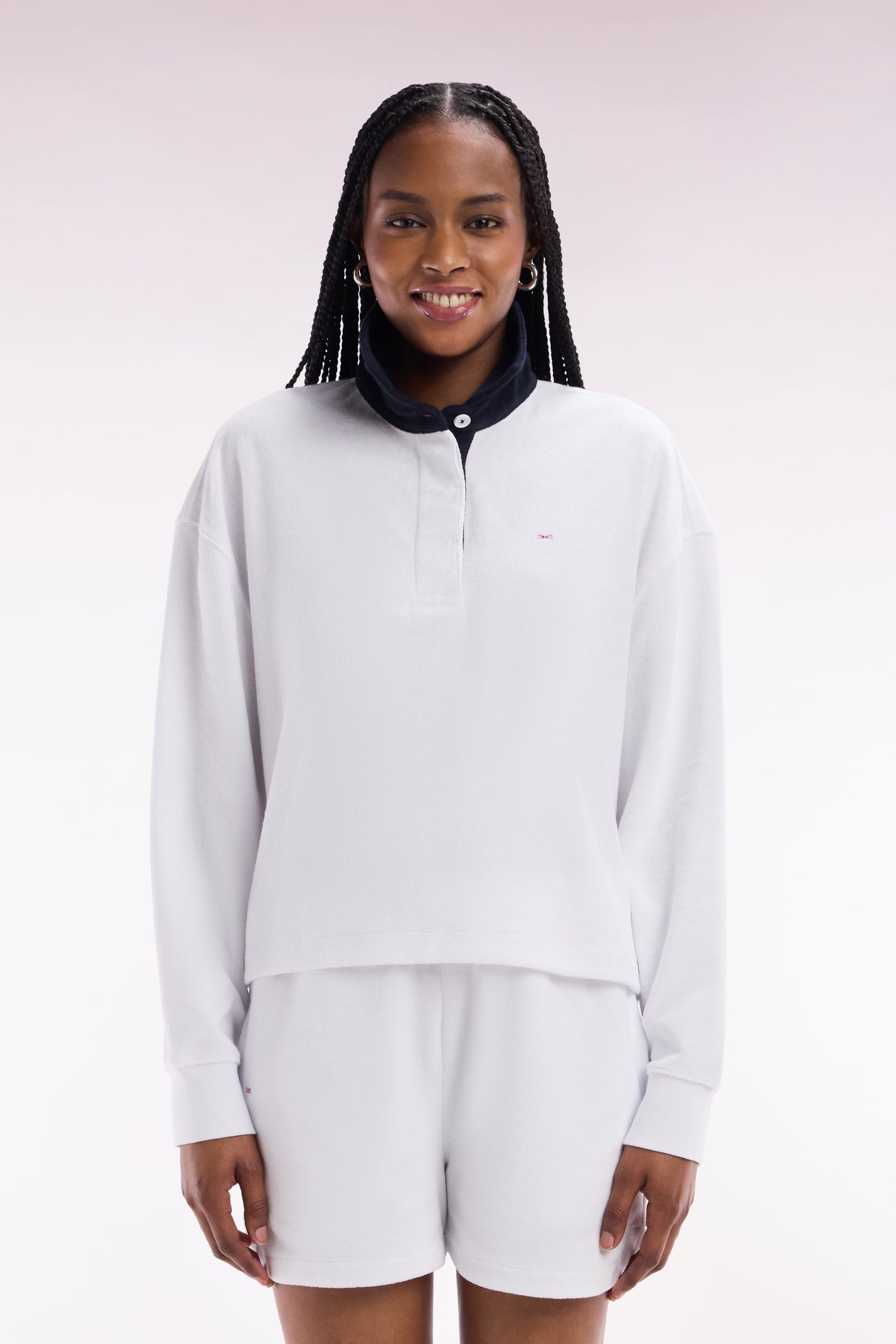 White cotton sweatshirt with navy rugby shirt collar