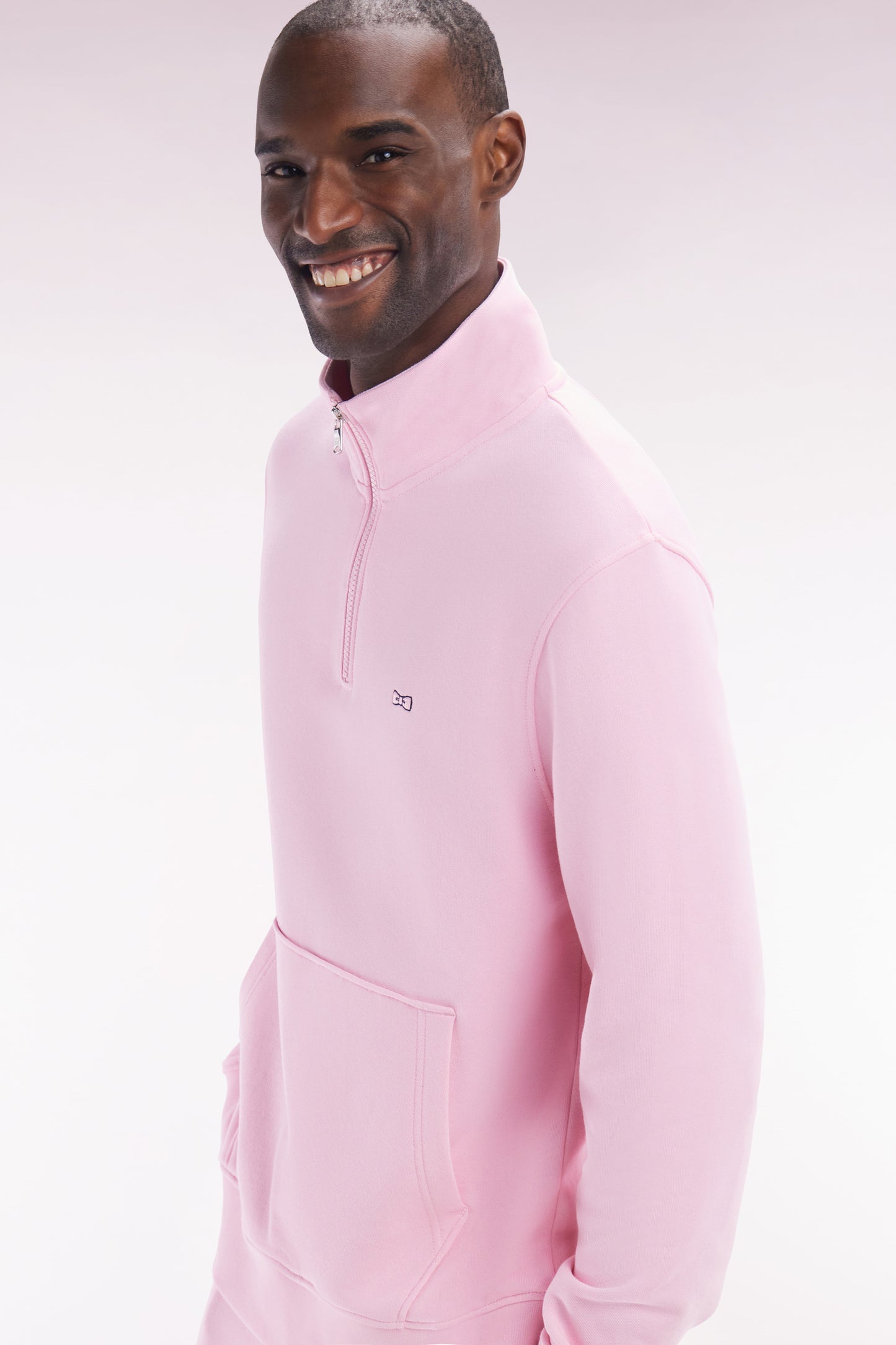 Straight-fit pink cotton zip-neck sweatshirt