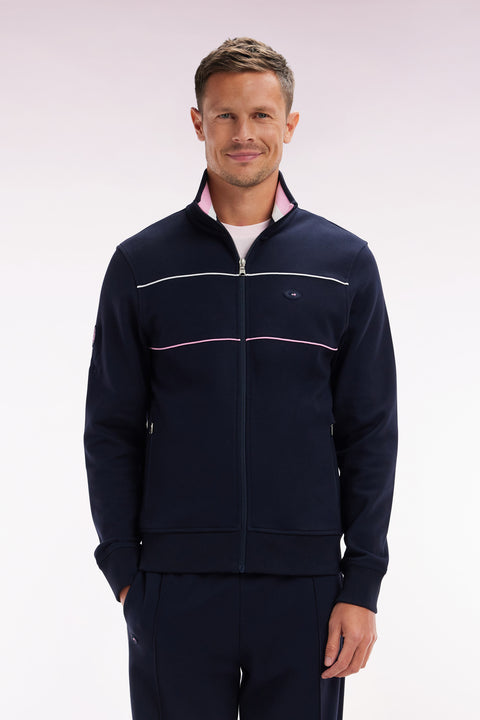 Straight-fit zip-up sweatshirt in navy stretch cotton with contrasting piping - Image 1