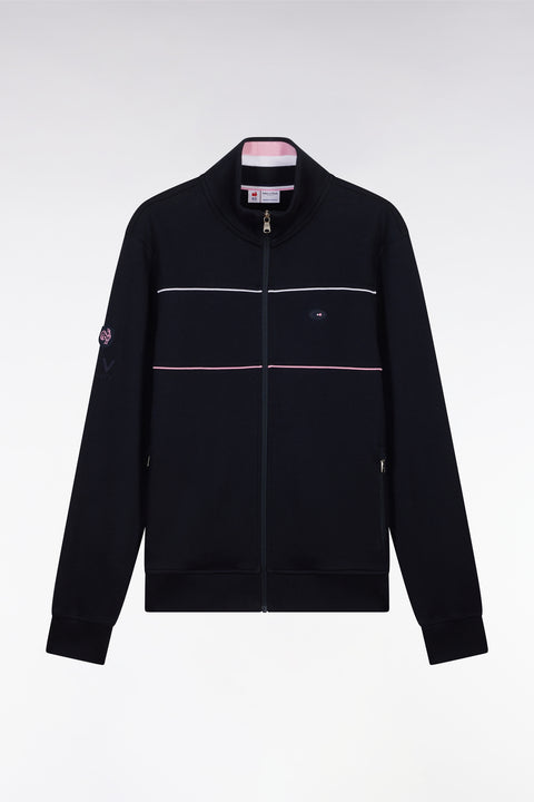 Straight-fit zip-up sweatshirt in navy stretch cotton with contrasting piping - Image 2