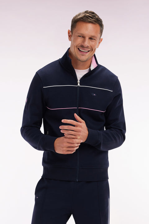 Straight-fit zip-up sweatshirt in navy stretch cotton with contrasting piping - Image 3