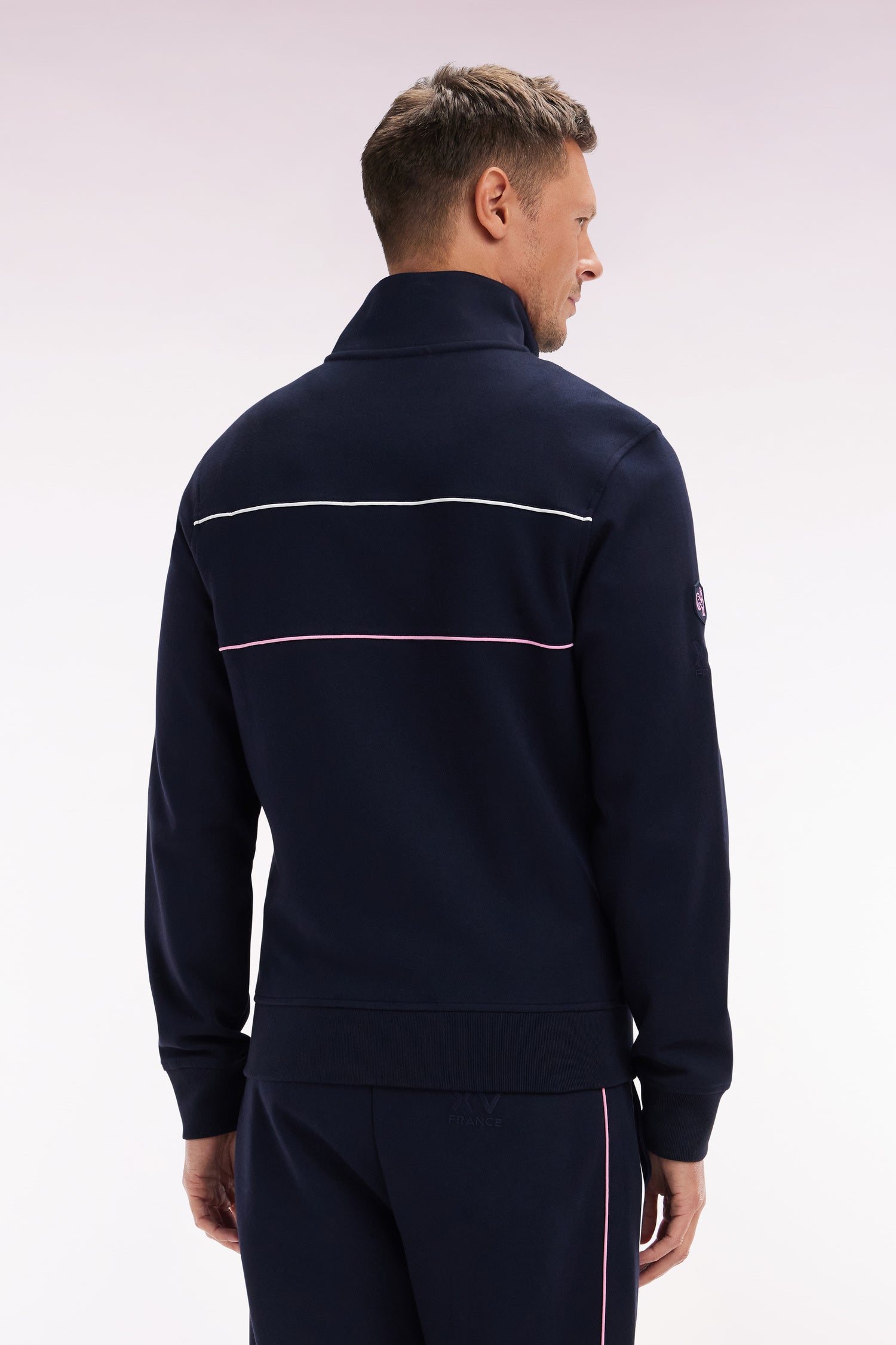 Sweatshirt zippé en coton stretch marine passepoil contrastés coupe droite