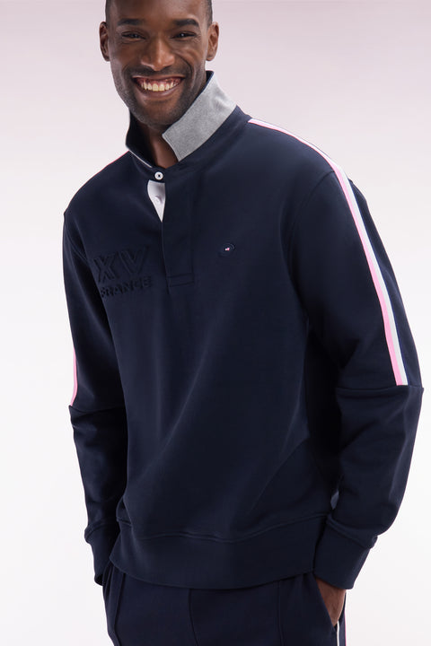 Straight-fit navy XV de France cotton sweatshirt with rugby shirt collar - Image 3