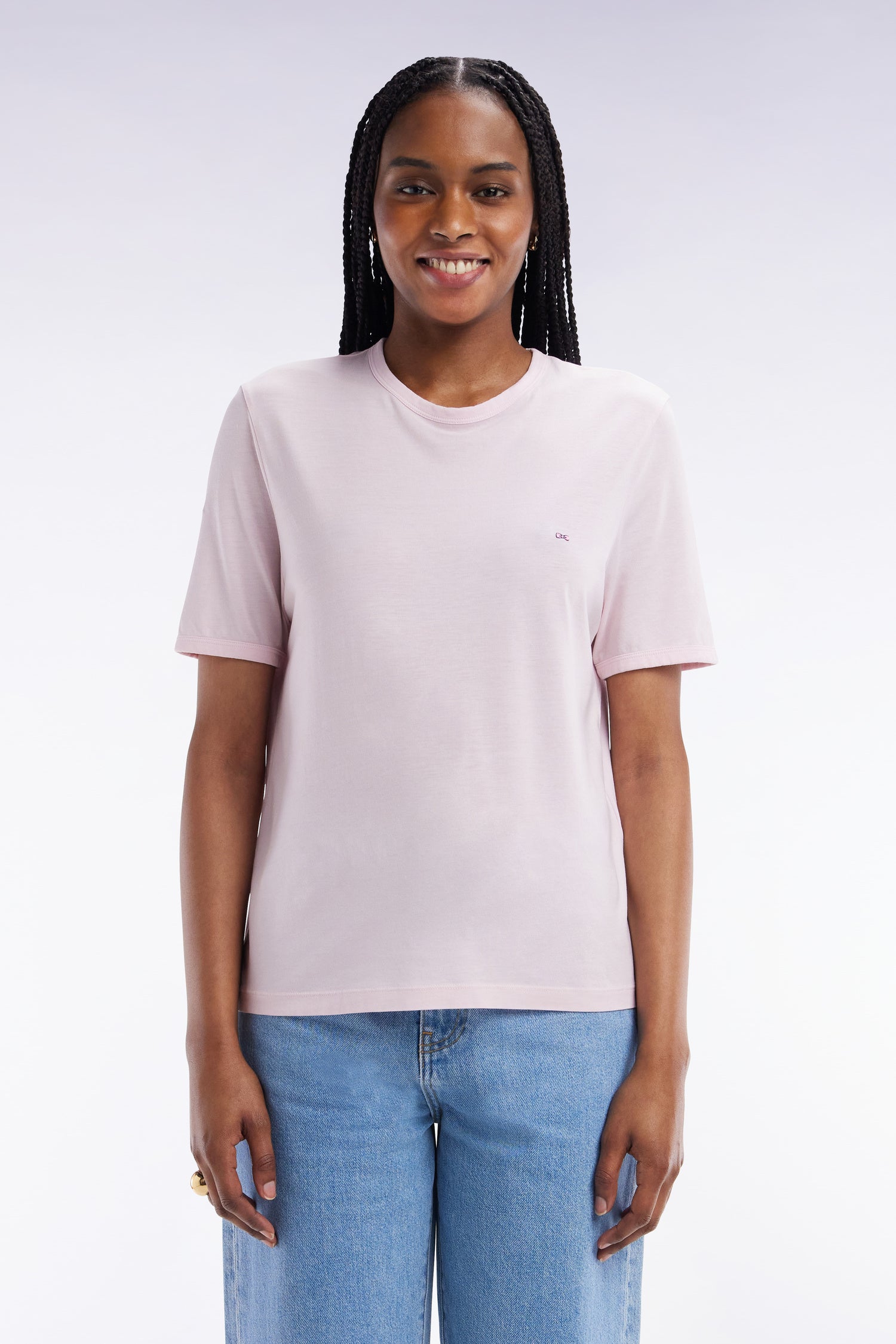 T-shirt uni rose pâle en lyocell et coton coupe droite