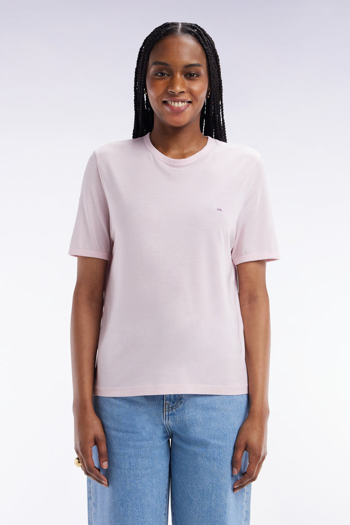 T-shirt uni rose pâle en lyocell et coton coupe droite