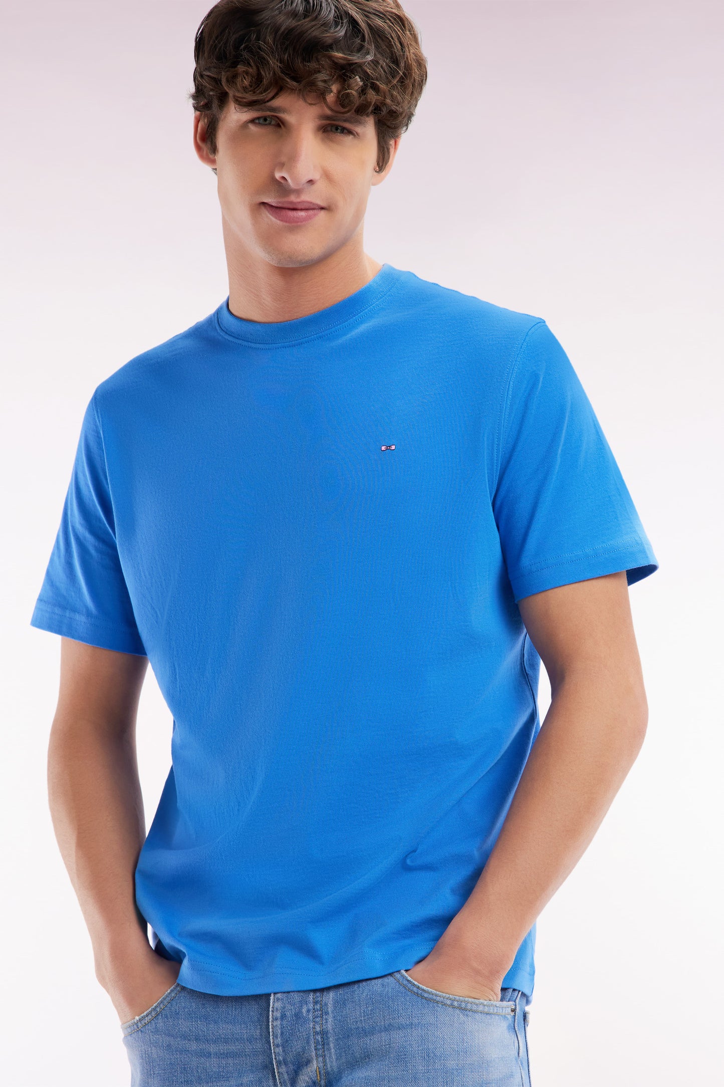 Straight-fit blue Pima cotton T-shirt with back embroidery