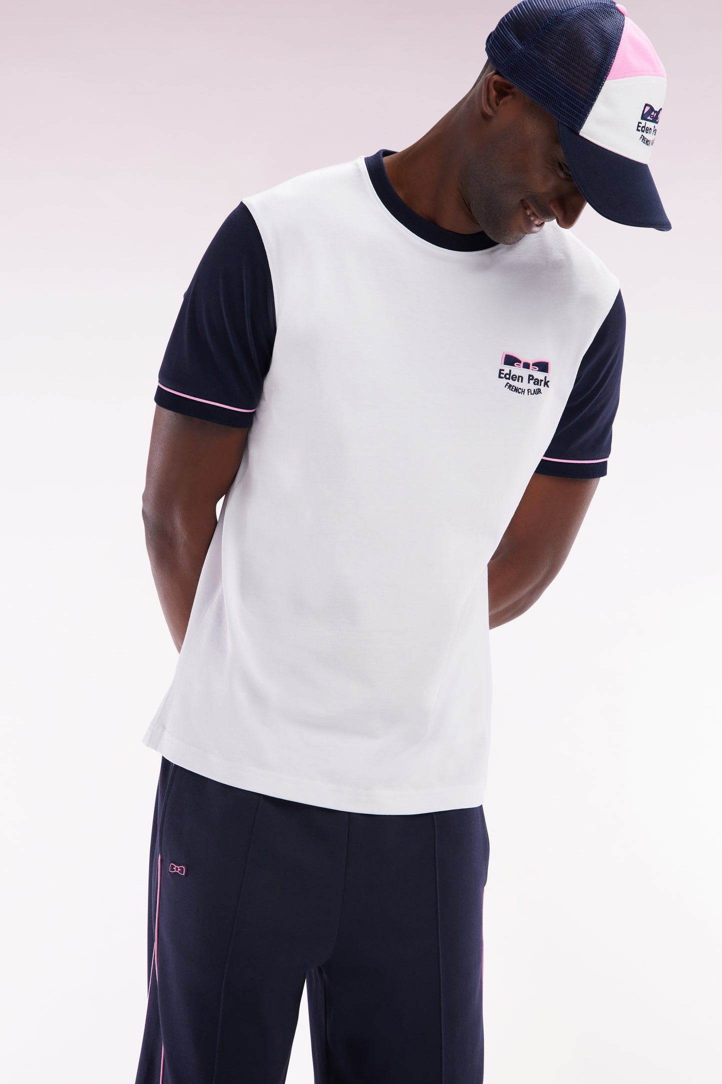 Straight-fit two-tone white cotton T-shirt with Eden Park French Flair embroidery