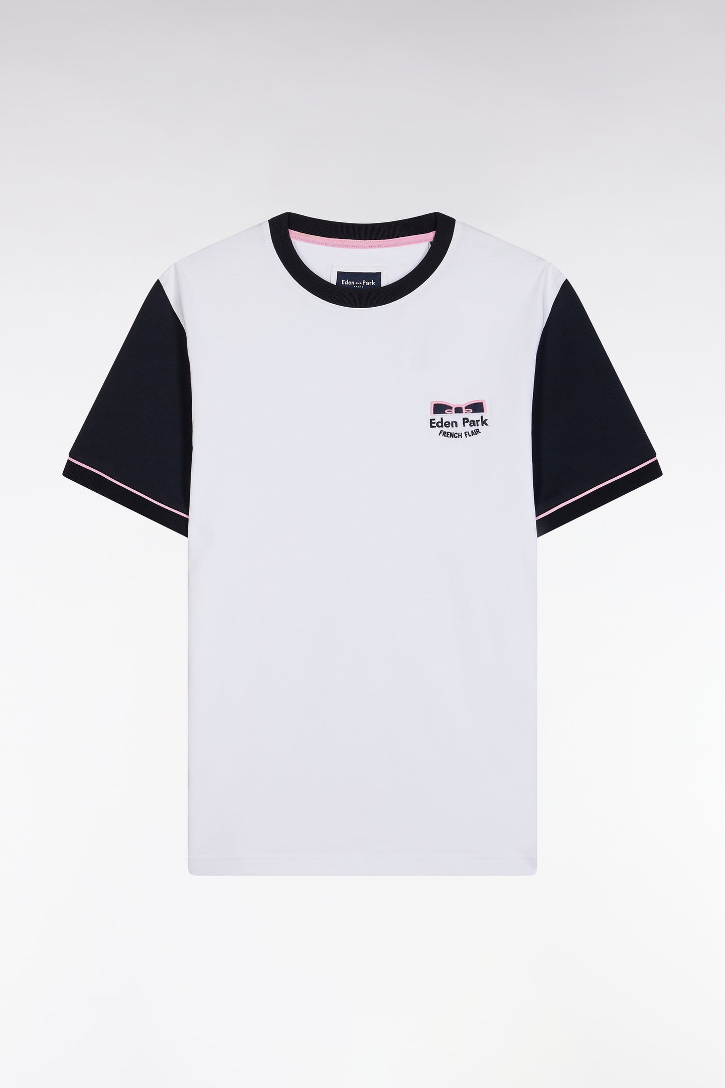Straight-fit two-tone white cotton T-shirt with Eden Park French Flair embroidery