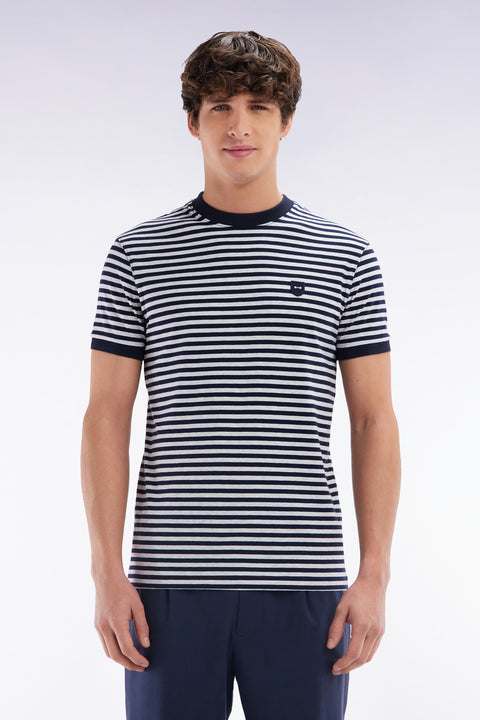Slim-fit navy striped stretch cotton T-shirt - Image 1