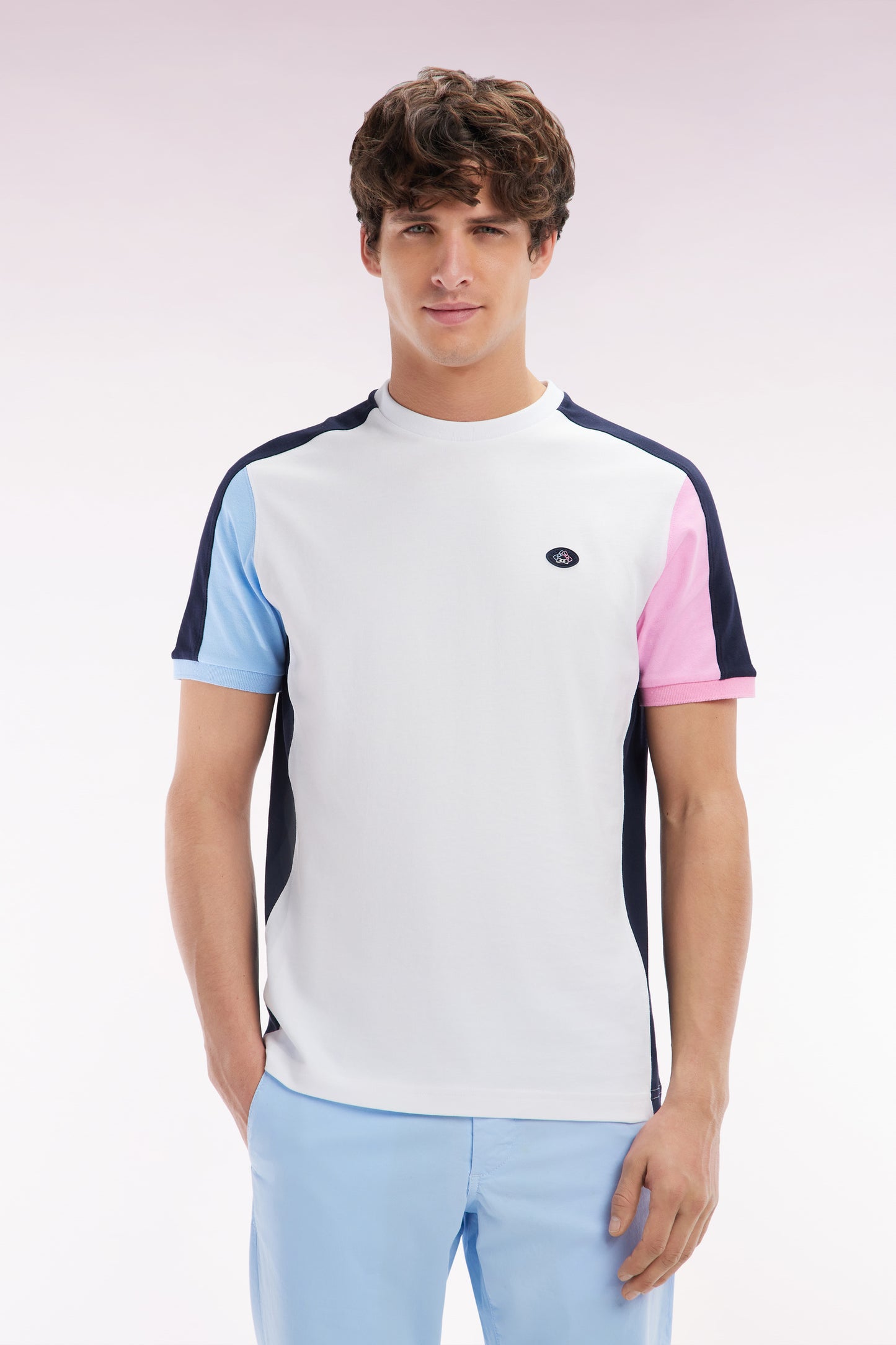 Straight-fit white cotton colorblock T-shirt