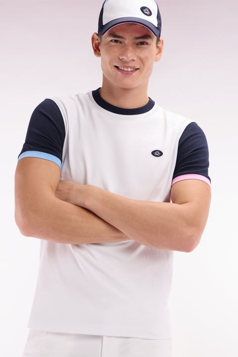 Straight-fit white cotton embroidered colorblock t-shirt - Image 3