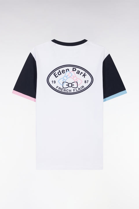 Straight-fit white cotton embroidered colorblock t-shirt - Image 2