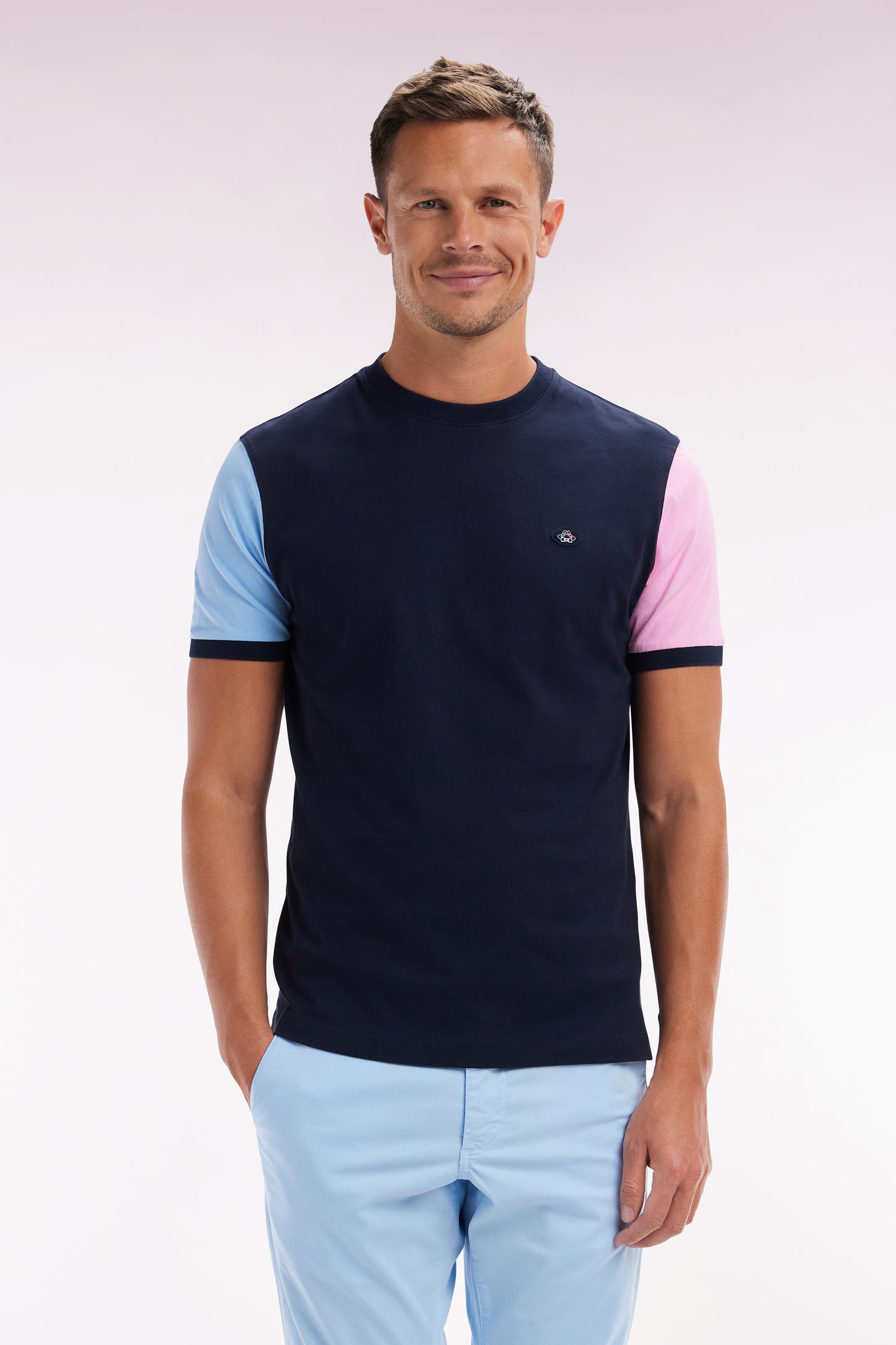 Straight-fit navy cotton embroidered colorblock t-shirt