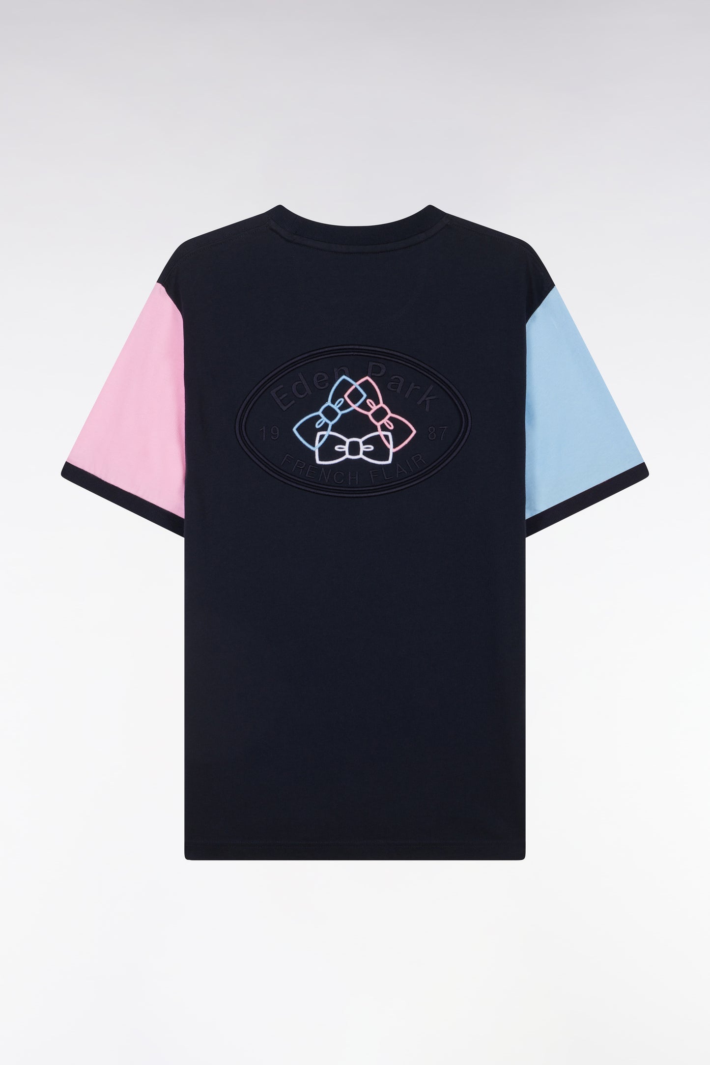 Straight-fit navy cotton embroidered colorblock t-shirt