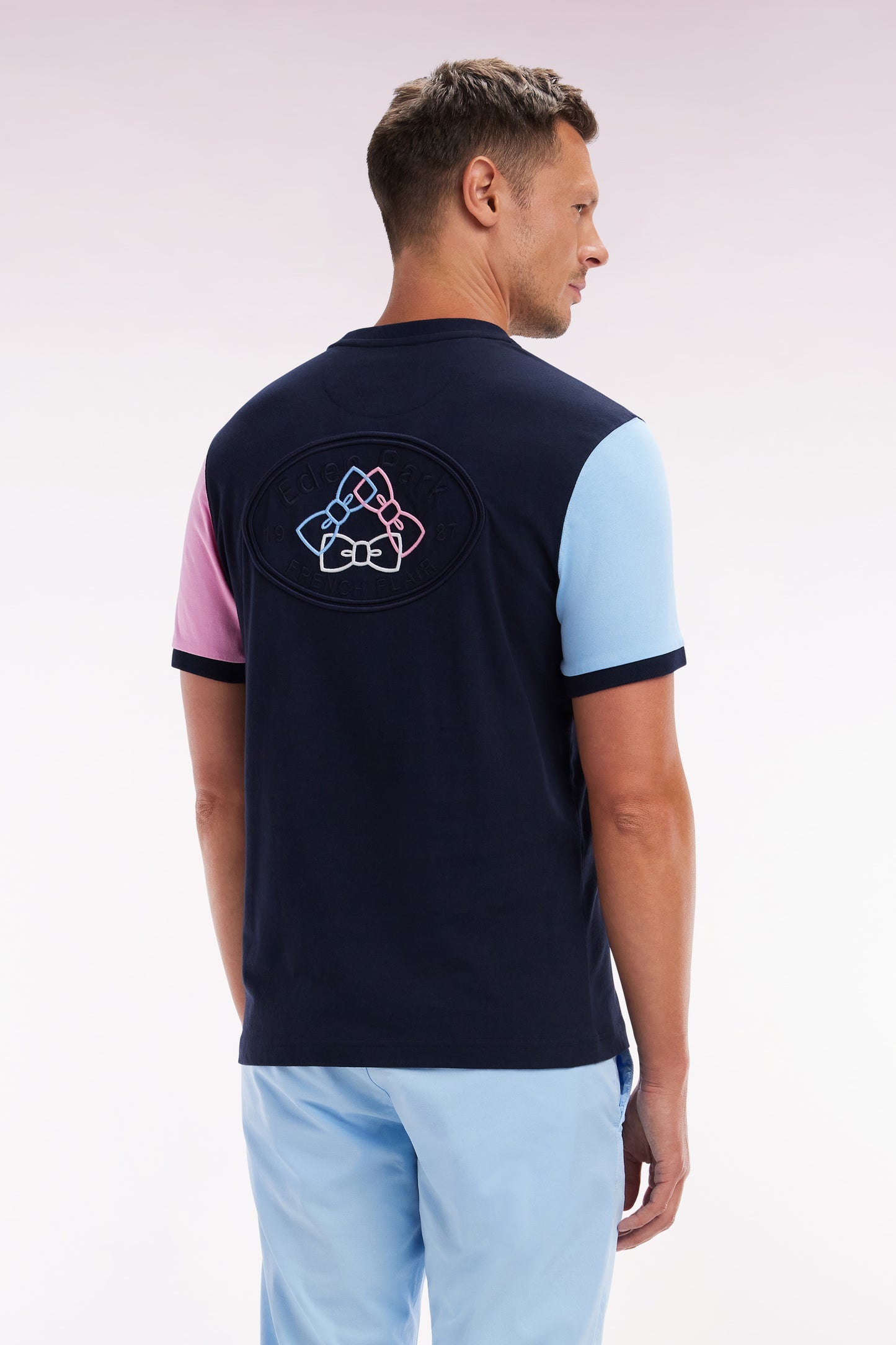 Straight-fit navy cotton embroidered colorblock t-shirt