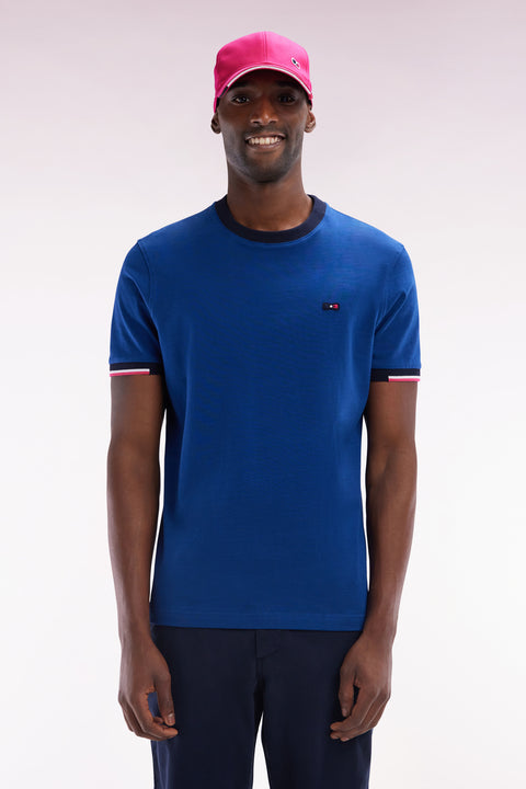Straight-fit blue cotton T-shirt with back embroidery - Image 1