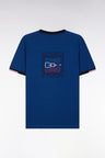 Straight-fit blue cotton T-shirt with back embroidery