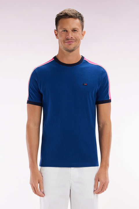 Straight-fit dark blue cotton T-shirt with back embroidery and cutouts - Image 1