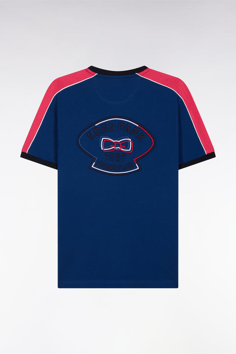Straight-fit dark blue cotton T-shirt with back embroidery and cutouts - Image 2
