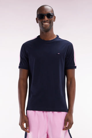Straight-fit navy cotton T-shirt with back embroidery and cutouts
