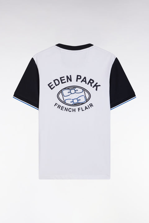 Straight-fit white and navy cotton T-shirt with back embroidery - Image 2