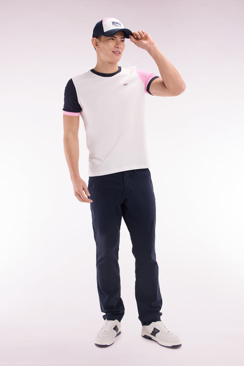 Straight-fit colorblock T-shirt in white cotton with 10 embroidery - Image 1