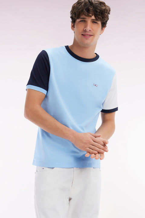 Straight-fit colorblock T-shirt in sky blue cotton with 10 embroidery - Image 3