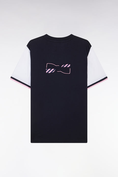 Straight-fit two-tone white cotton T-shirt with bow tie embroidery - Image 2