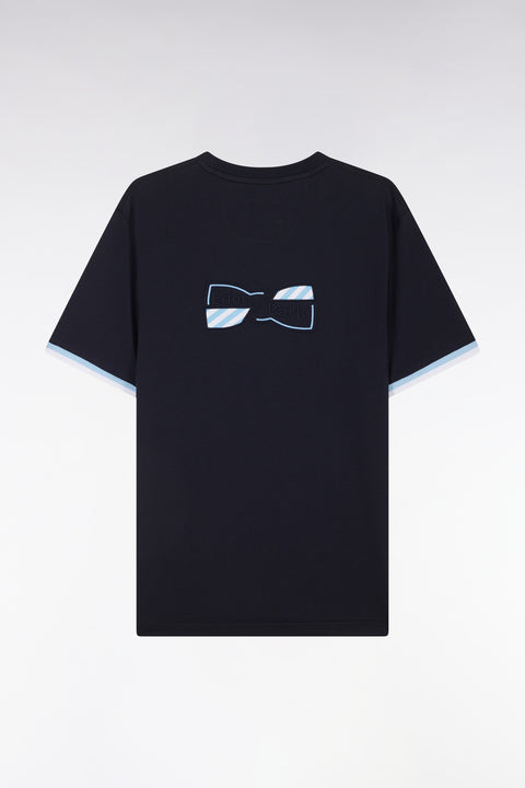 Straight-fit two-tone navy cotton T-shirt with bow tie embroidery - Image 1