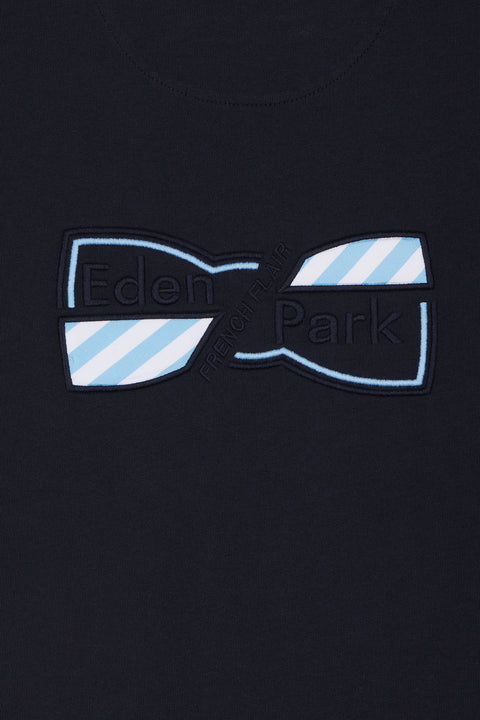 Straight-fit two-tone navy cotton T-shirt with bow tie embroidery - Image 2